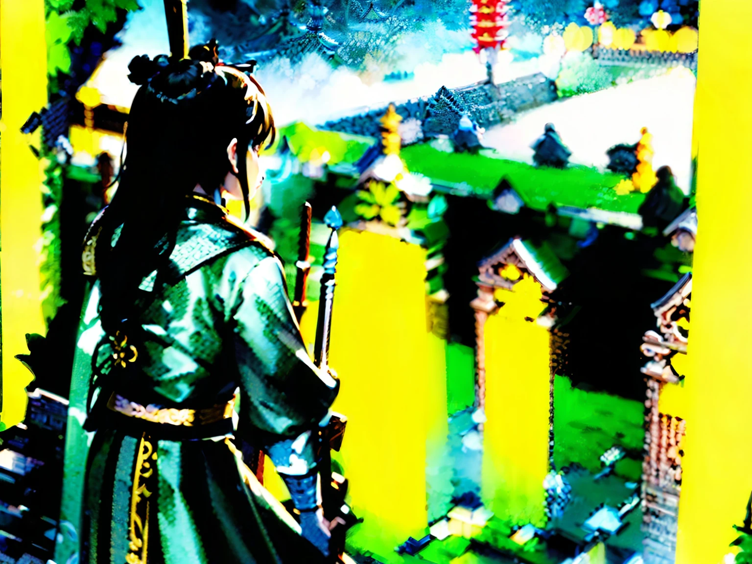 (((Highest quality))),(((Super detailed))),(((masterpiece))),figure,1 person,1 Female,Swordsman,Woman warrior,Chinese traditional clothing,Are standing,Ink Style,martial arts,Pause,rooftop,moonlight,night,background,Ancient Chinese architecture,Foggy Mountain,silhouette,Silence --ar 16:9