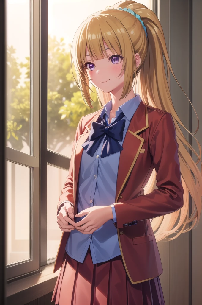 keikaruizawa, kei karuizawa, Long Hair, bangs, blunt bangs, (Purple eyes:1.1), Blonde, shirt, hair ornaments, ponytail, Scrunchie, blue Scrunchie, smile, break skirt, shirt, bow, , Jacket, (red Jacket:1.2), Pleated skirt, bowtie, sweater, (blue bow:1.2), (blue shirt:1.2), break indoors, classroom, classroomの椅子に座っている, break looking at viewer, (Cowboy Shot:1.5), break (masterpiece:1.2), Highest quality, High resolution, unity 8k wallpaper, (figure:0.8), (Beautiful attention to detail:1.6), Highly detailed face, Perfect lighting, Highly detailed CG, (Perfect hands, Perfect Anatomy), , (3D Face:1.1), (Shiny skin:1.5), (超High resolution intricate face details), (Facial skin pores:1.3), 超High resolution cloth texture, 大きなsmile、Blushing、Open your mouth, Showing off her perfect legs
