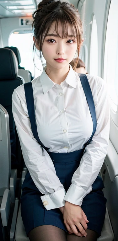 masterpiece, One beautiful girl, Detailed eyes, Swollen eyes, Highest quality, 超High resolution, (reality: 1.4), Original photo, One girl, Cinema Lighting, Japanese, Asian Beauty, Korean, Very very beautiful, Beautiful skins, thin, Front facing body, (超reality的な), (High resolution), (8k yen), (Very detailed), (Best illustrations), (Beautiful and detailed eyes), (Ultra-detailed), Detailed face, Looking at the audience, Look straight ahead, Neat Clothing, No sleeve、Put your hair up、Black-haired、Large Breasts、46 point diagonal bangs、White background、Clean room、(Stewardess uniform、In-flight、pantyhose、Laughter、Breasts are breaded、The blouse fits perfectly、Her breasts are large and her blouse is stretched、The buttons on my blouse are about to fly off