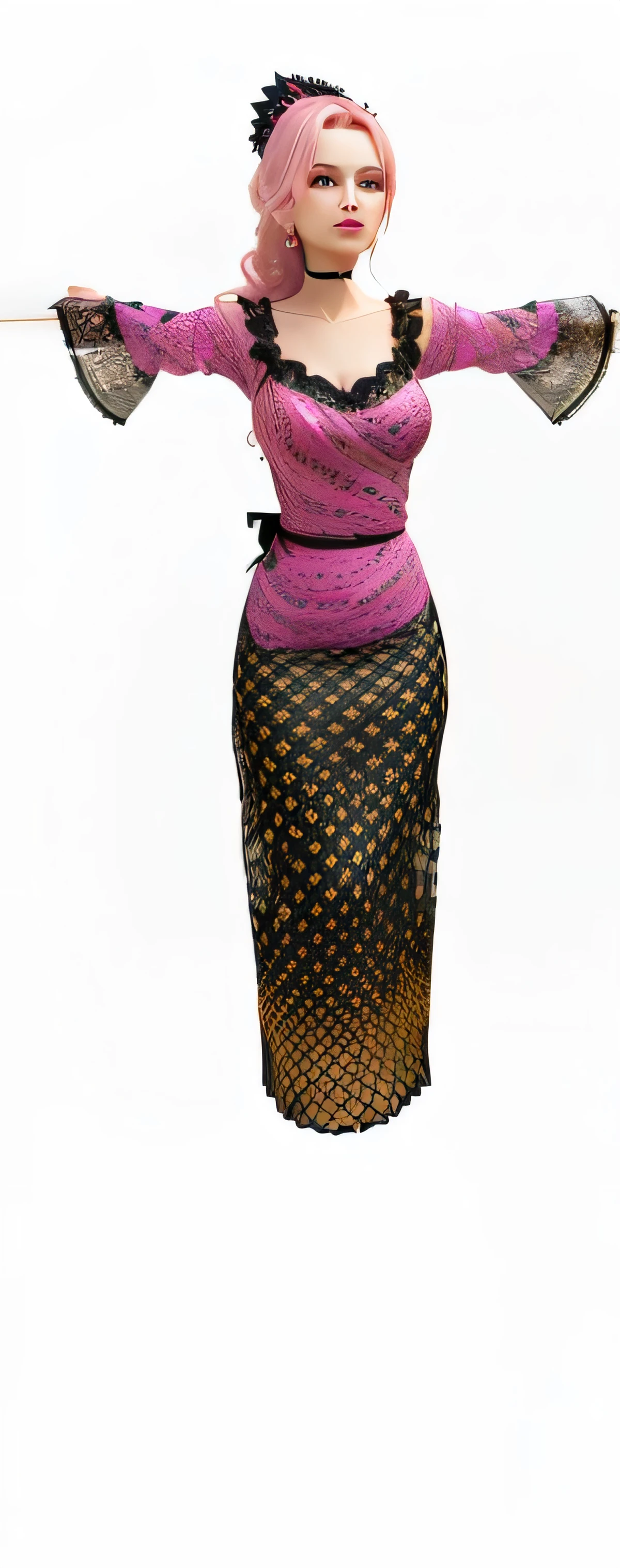 a close up of a woman in a pink and black dress, modeled in poser, idian dress, dress and cloth, detailed clothes texture, marvelous designer 3d rendered, long dress female, with 3d render, with 3 d render, cloth simulation, long dress with apron, clothes high detail, designed in blender, sarong, detailed cloth, untextured