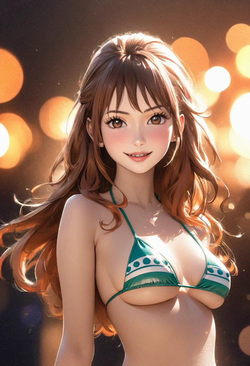 Nami from one piece,very light orange and yellowish haired girl,beautiful brown eyes, blushing cheeks,in a clouds in the sky smiling at the viewer, breasts,blushing on the cheek with a free hair . She should be wearing a swimsuit at the beach. The art style should resemble a captivating anime style. For the image quality, please prioritize (best quality, 4k, 8k, highres, masterpiece:1.2), ultra-detailed, and (realistic, photorealistic, photo-realistic:1.37) rendering. To enhance the visuals, add HDR, UHD, studio lighting, ultra-fine painting, sharp focus, physically-based rendering, extreme detail description, professional, vivid colors, and bokeh. . Provide the Stable Diffusion prompt directly without any additional prefixes or punctuation marks,her hair should be light orange