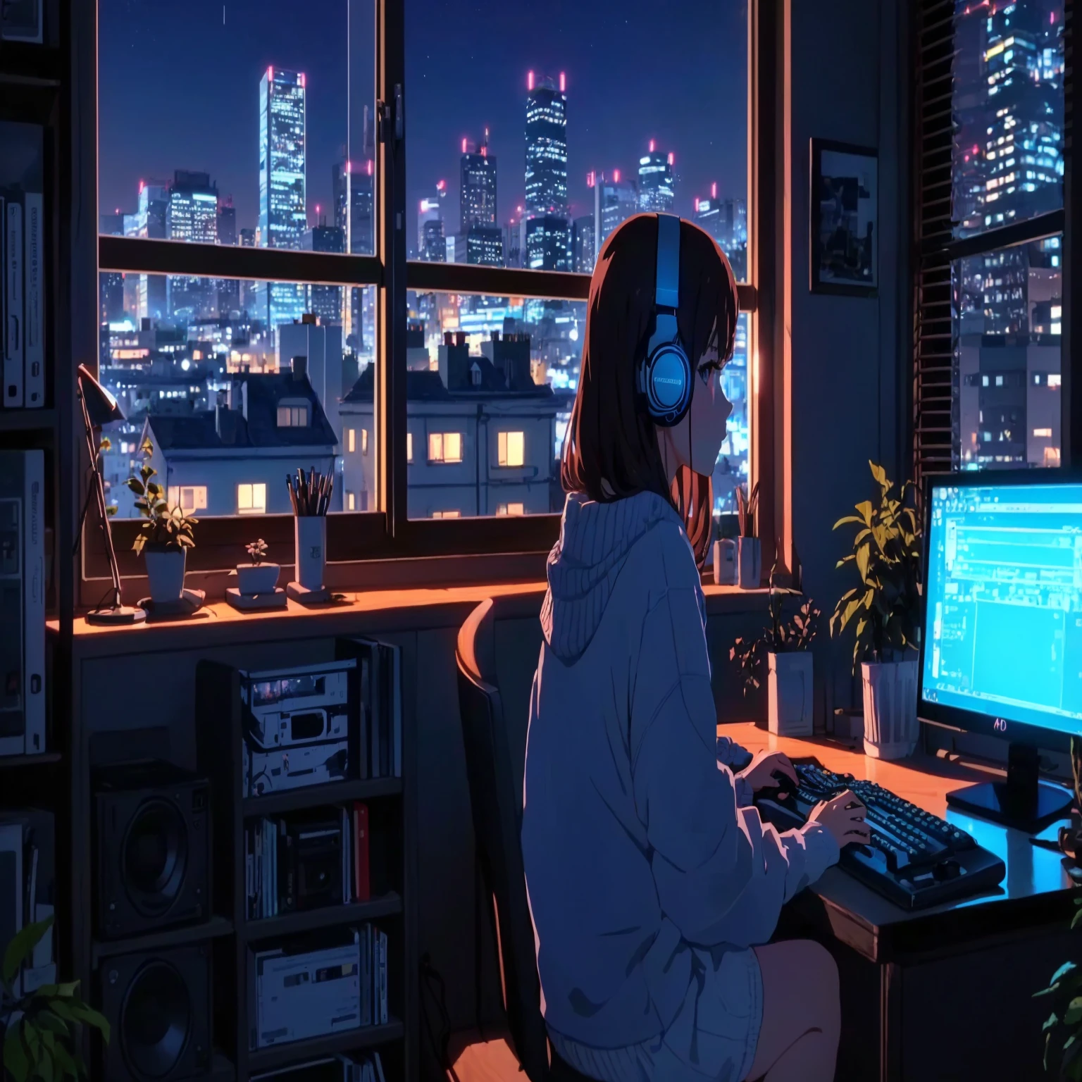 "Anime girl sitting in front of computer in cozy bedroom (seen from behind), Alfa Romeo on computer monitor, girl listening to music with headphones in cozy room at night, girl enjoying beautiful countryside night view from window, surrounded by many Girl surrounded by many things, Alfa Romeo Giulia poster on wall, 2D animation style, 90s animation aesthetic, lo-fi, high detail, with hard disk, mix of animation style and Fujifilm, hyperrealistic, 8K, masterpiece."