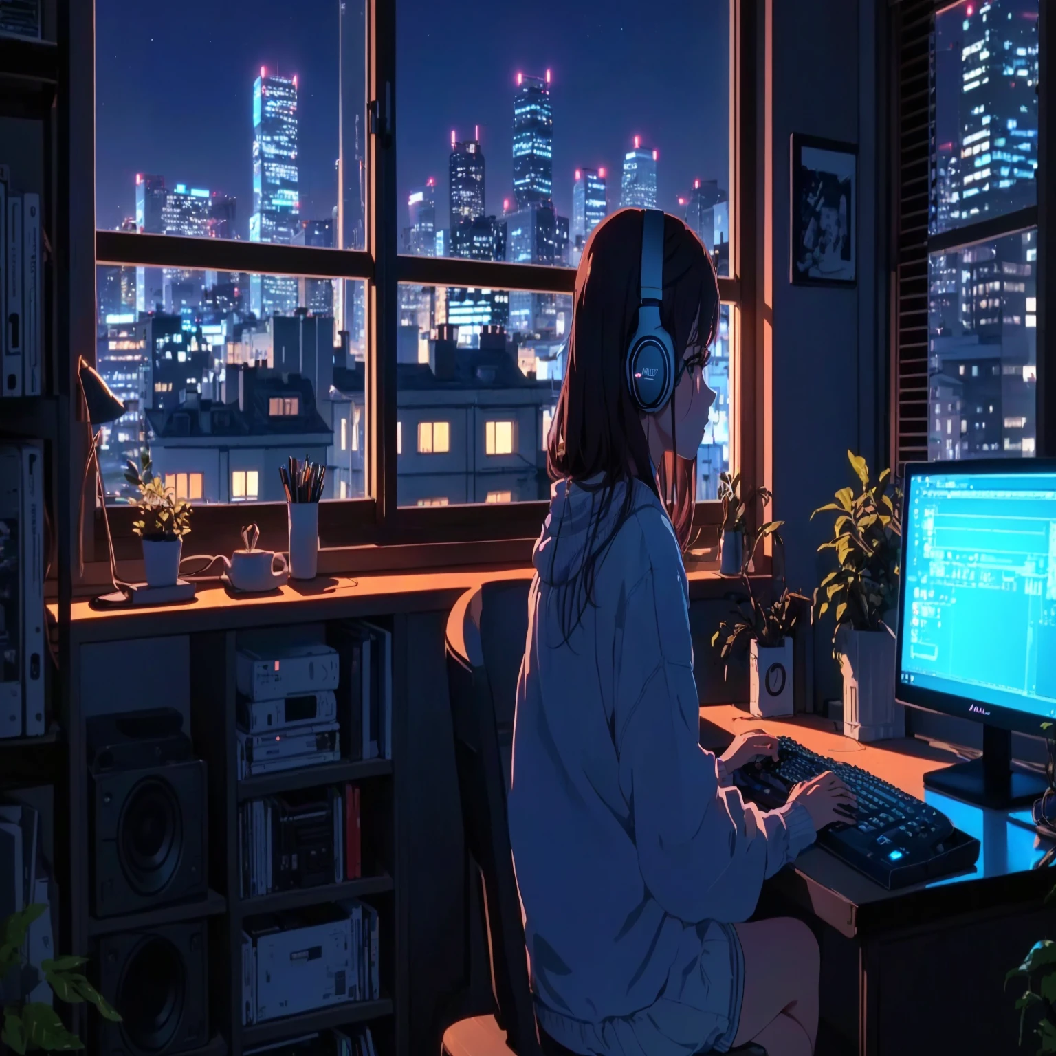 "Anime girl sitting in front of computer in cozy bedroom (seen from behind), Alfa Romeo on computer monitor, girl listening to music with headphones in cozy room at night, girl enjoying beautiful countryside night view from window, surrounded by many Girl surrounded by many things, Alfa Romeo Giulia poster on wall, 2D animation style, 90s animation aesthetic, lo-fi, high detail, with hard disk, mix of animation style and Fujifilm, hyperrealistic, 8K, masterpiece."