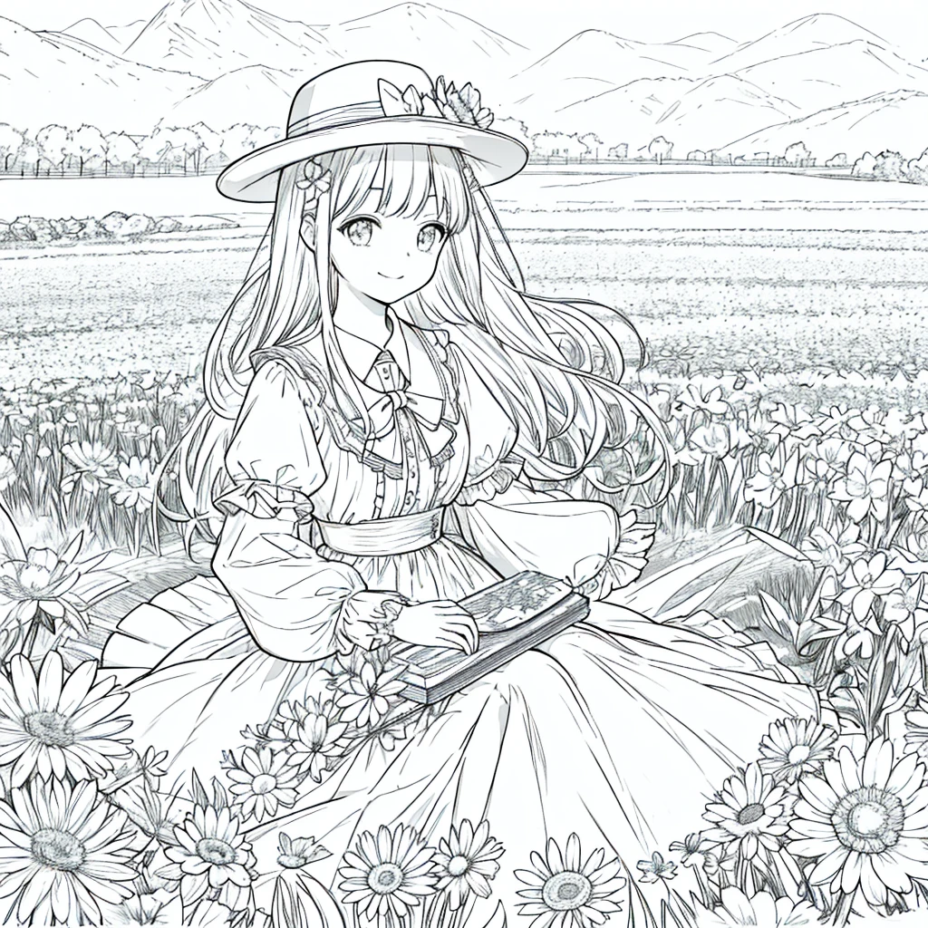 masterpiece, Highest quality, 1 Barbie, alone, Long Hair, Watching the audience, smile, fringe, skirt, shirt, Long sleeve, sombrero, dress, bow, Participation, Closed Mouth, flower, Steering Wheel, flower del cabello, flowerびら, ramo de floweres, Clamp Flower, Steering Wheel centrales, Food, flower束を挟む, Field, flower, Field, Line art, Monochrome,