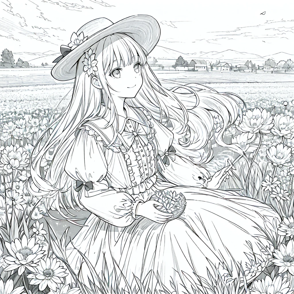 masterpiece, Highest quality, 1 Barbie, alone, Long Hair, Watching the audience, smile, fringe, skirt, shirt, Long sleeve, sombrero, dress, bow, Participation, Closed Mouth, flower, Steering Wheel, flower del cabello, flowerびら, ramo de floweres, Clamp Flower, Steering Wheel centrales, Food, flower束を挟む, Field, flower, Field, Line art, Monochrome,