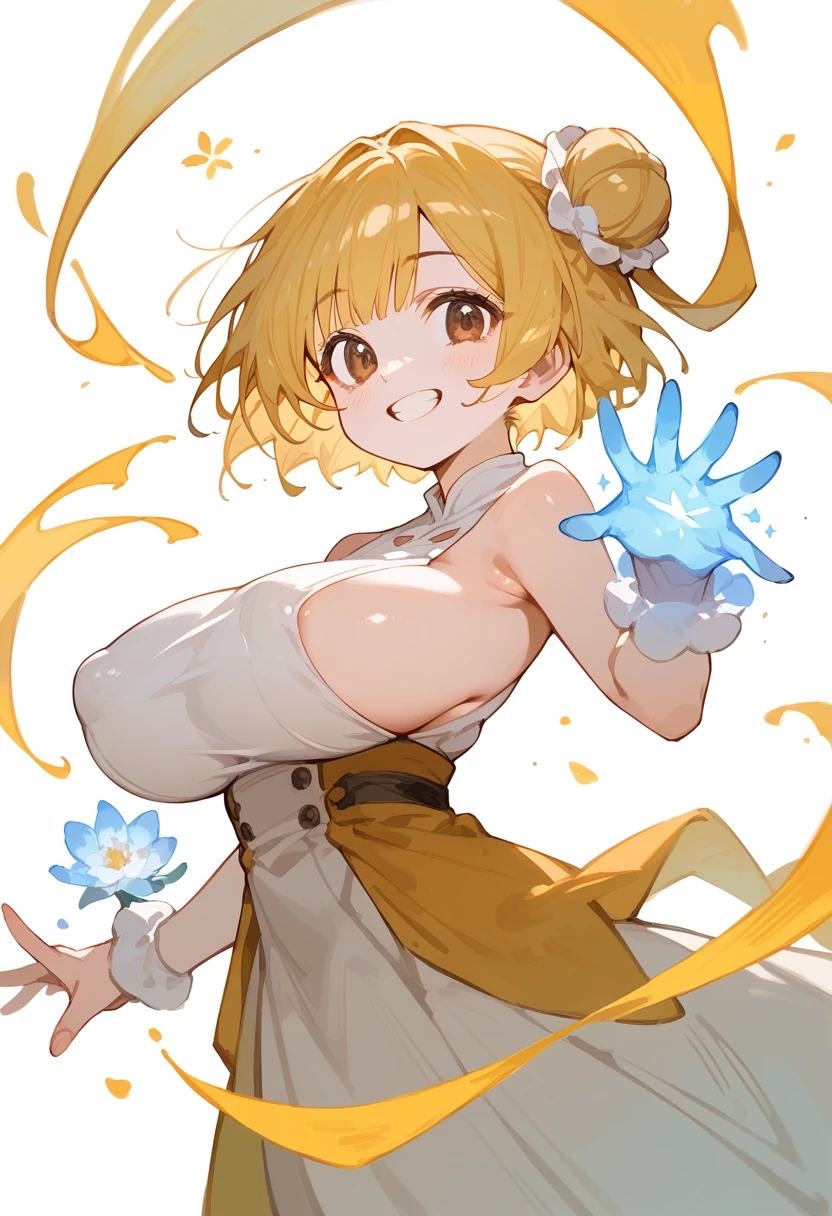 Huge boobㄴ, 1girl,smile, long nipple, small one white flower in head,side bun hair,brown eye,bangs,yellow hair,magic girl clothe,whole body,white background,short hair, sexpose