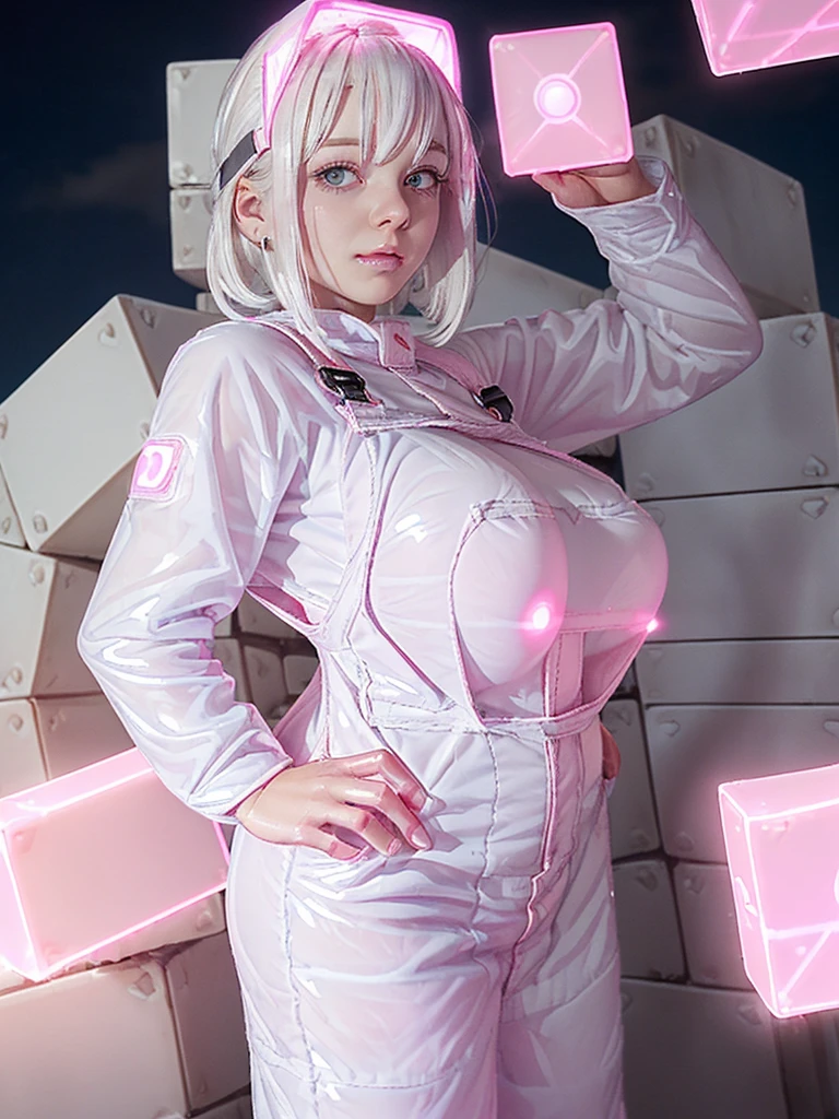(shiny white skin:1.4),(slippy girl with gigantic breast:1.4),(cute face:1.2) , (white hair:1.2),(mysterious pink glowing blocks at night :1.4) ,(big loose coverall:1.5),(bangs:1.2)