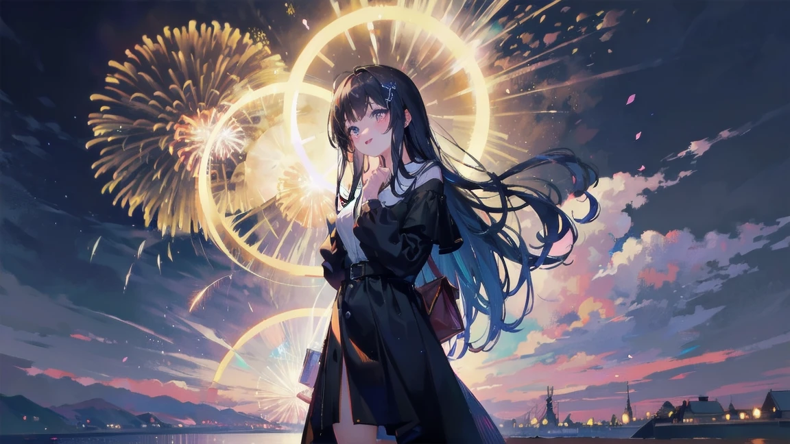 masterpiece, Highest quality, One girl, alone, ((Mature Woman)), Round pupils, long hair, hair, Princess, Black Dress, Fantasy, Happy, View your viewers, comics, anime, (oil)M fireworks