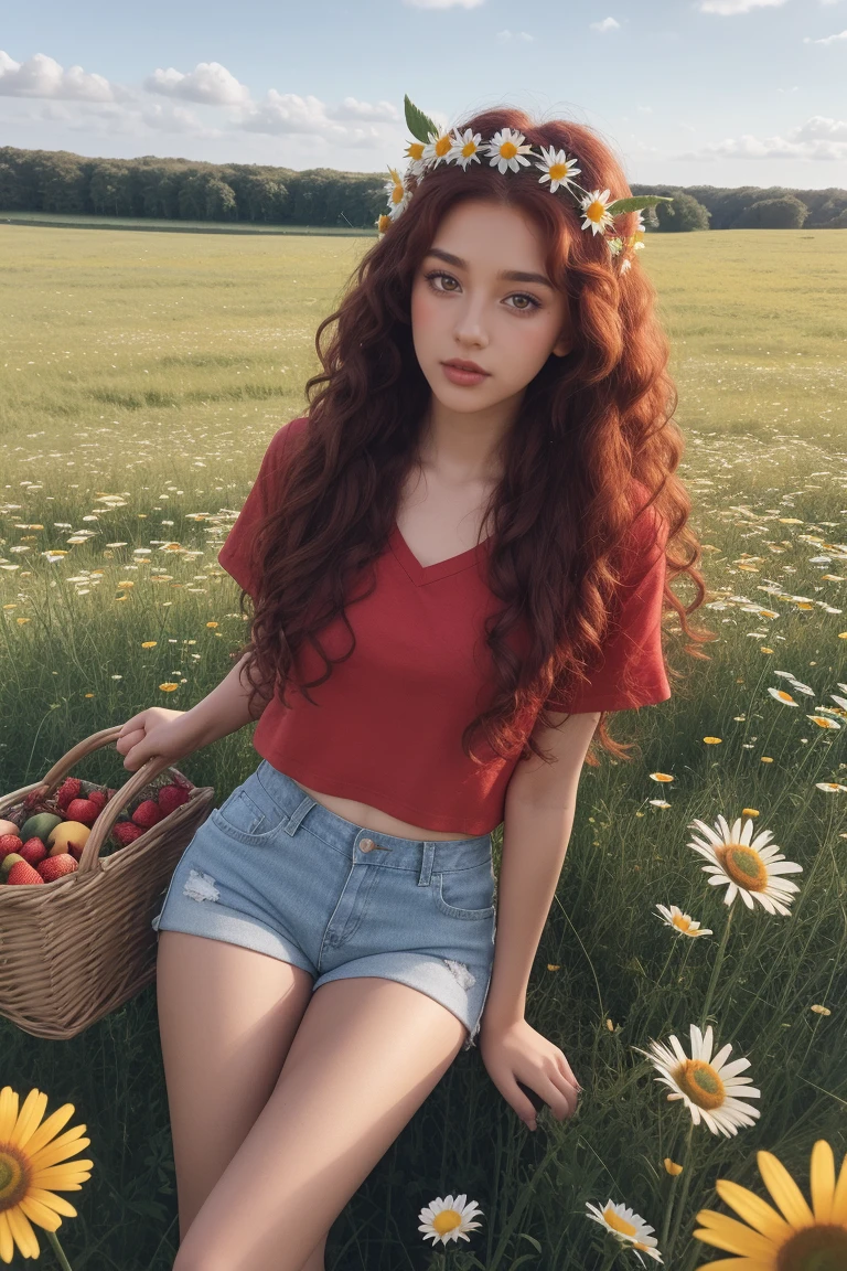 (Kizi:1.2),standing alone, (long red and curly hair:1.1), eyes browns, Wearing a daisy crown on her head, Sit in a field of daisies, (fruit basket:1.1), blue shorts, Red shirt,,cru,photographic,photo shadows,real,ridiculous,Aesthetics,chic