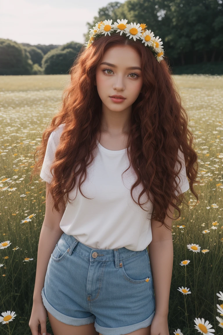 (Kizi:1.2),standing alone, (long red and curly hair:1.1), eyes browns, Wearing a daisy crown on her head, Sit in a field of daisies, (fruit basket:1.1), blue shorts, Red shirt,,cru,photographic,photo shadows,real,ridiculous,Aesthetics,chic