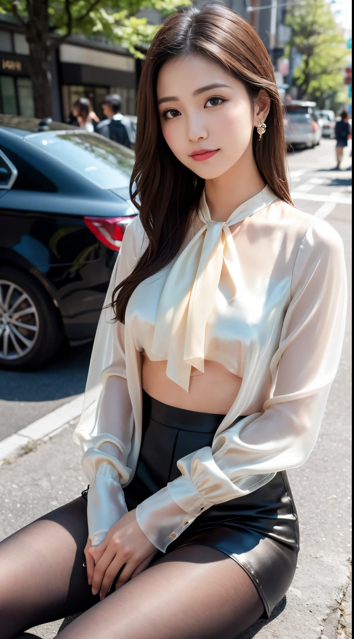 ulzzang-6500-v1.1,(RAW Photos:1.2), (See-through:1.3), (Genuine:1.4), 美しい公園の芝生にSitting上流階級の女性, Sitting, Random elegant pose, wear an ultra-thin silk blouse over naked、wear ((See-through silk blouse:1.3)), Incredible beauty、Pantyhose and skirt, (Ultra-realistic pantyhose:1.3)、Elegant Japan Woman, Korean Model、Ultra-thin white shirt and gray skirt, Transparent grey skirt, Japanese Model, wear a blouse, Street fashion in Japanese cities, Japanese Street Fashion, Wearing long, loose clothing, Dressed in fluent clothes, Very cute model, wear a white blouse, Cute and elegant pose、Grin、 RAW Photos, (In 8K、Highest quality、masterpiece:1.2)、(Intricate details:1.4)、(Photorealistic:1.4)、Octane Rendering、Complex 3D rendering with ultra-detail, Sharp focus, Vivid details, Super Detail, Realistic skin texture, Detailed aspect, Beautiful details in the eyes, Highly detailed CG Unity 16k wallpaper, Makeup, (Detailed Background:1.2), Realistic skin texture、Glowing Skin、Exposed thighs!!!、