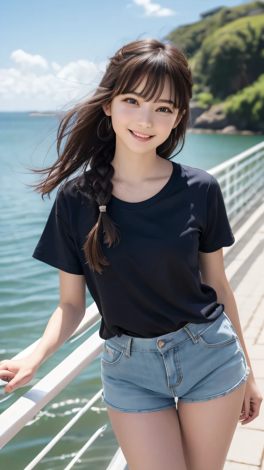 Best picture quality (8K, high resolution, Masterpiece: 1.2), super detailed, 215 Short Hair,Three braids long hair, 16-year-old woman,
situation: Stop in the middle of the suspension bridge、Enjoy the surrounding scenery。
detailed:
angle: A shot taken from directly above、You can see the view of the bridge and the ocean.。
clothing: simple t-shirt and shorts、cap、sneakers。
atmosphere: Blue sea spreads out、I hear the sound of the waves。Birds fly around。
action: Leaning on the railing、Gazing at the distant horizon。
Active Pause ,Beside her、The thunder danced。
break Focus on upper 腰
, random cute pose ,big eyes ,Puffy eyes , Heart Pupil, blush , huge shy smile , salute