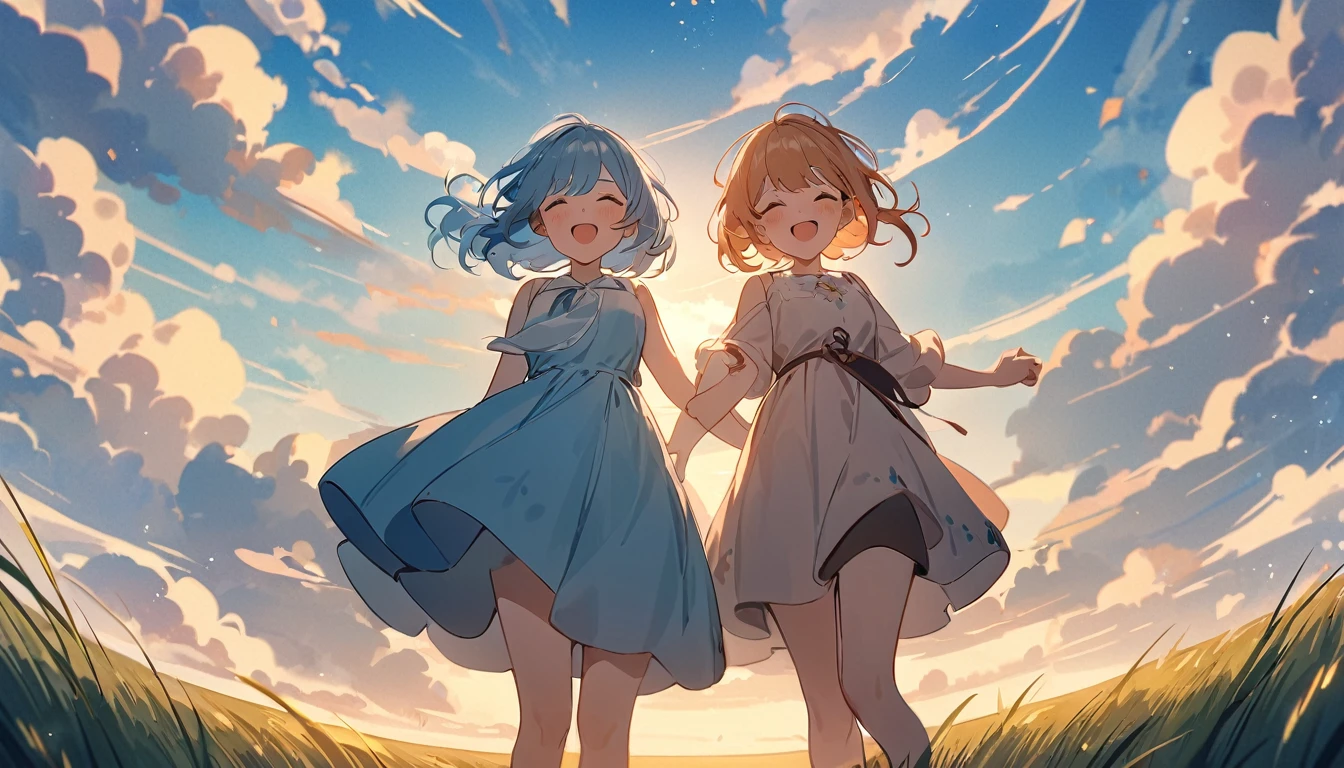 masterpiece, Highest quality, Movie stills, 1 Girl, Cloud Girl,Two Girls, Two good friends , Floating in the sky, close, bright, Happy, Warm and soft lighting, blue sky, (spark:0.7), Vast grassland