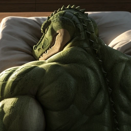 A muscle green male alligator, a muscle green male lizardmen , sleeping showing his back, very close tired detailed face, perspective of face
