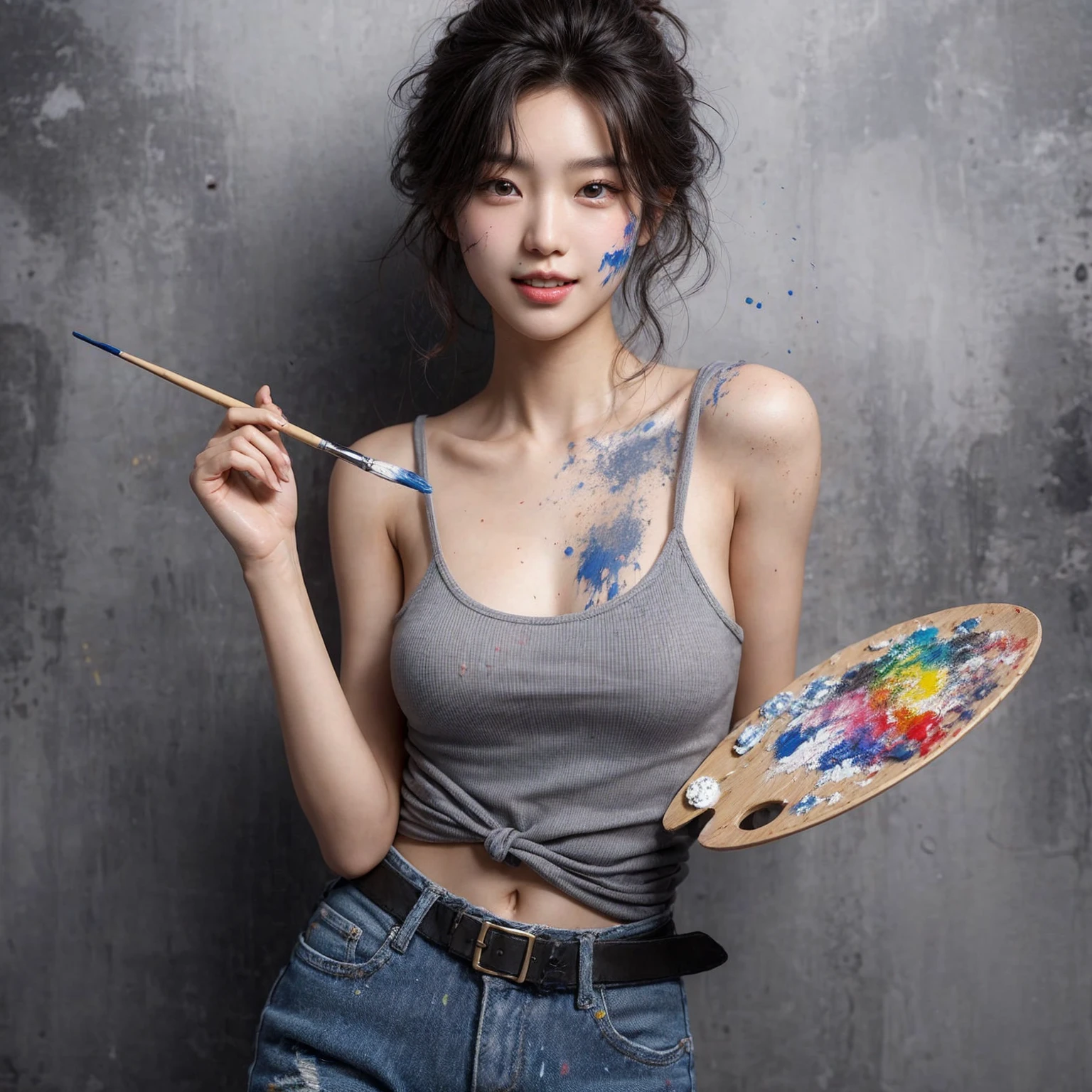 a high-resolution realistic image of a young korean woman in a playful and creative pose. She holds a palette of paint in one hand and a paintbrush in the other. she has paint splatters on her face, neck, and shoulders, giving a artistic vibe. wearing a gray tank top and denim pants. hairstyled in a loose, casual manner. The background is grafity, focusing attention on the subject. The overall atmosphere should be lighthearted and creative, capturing the joy