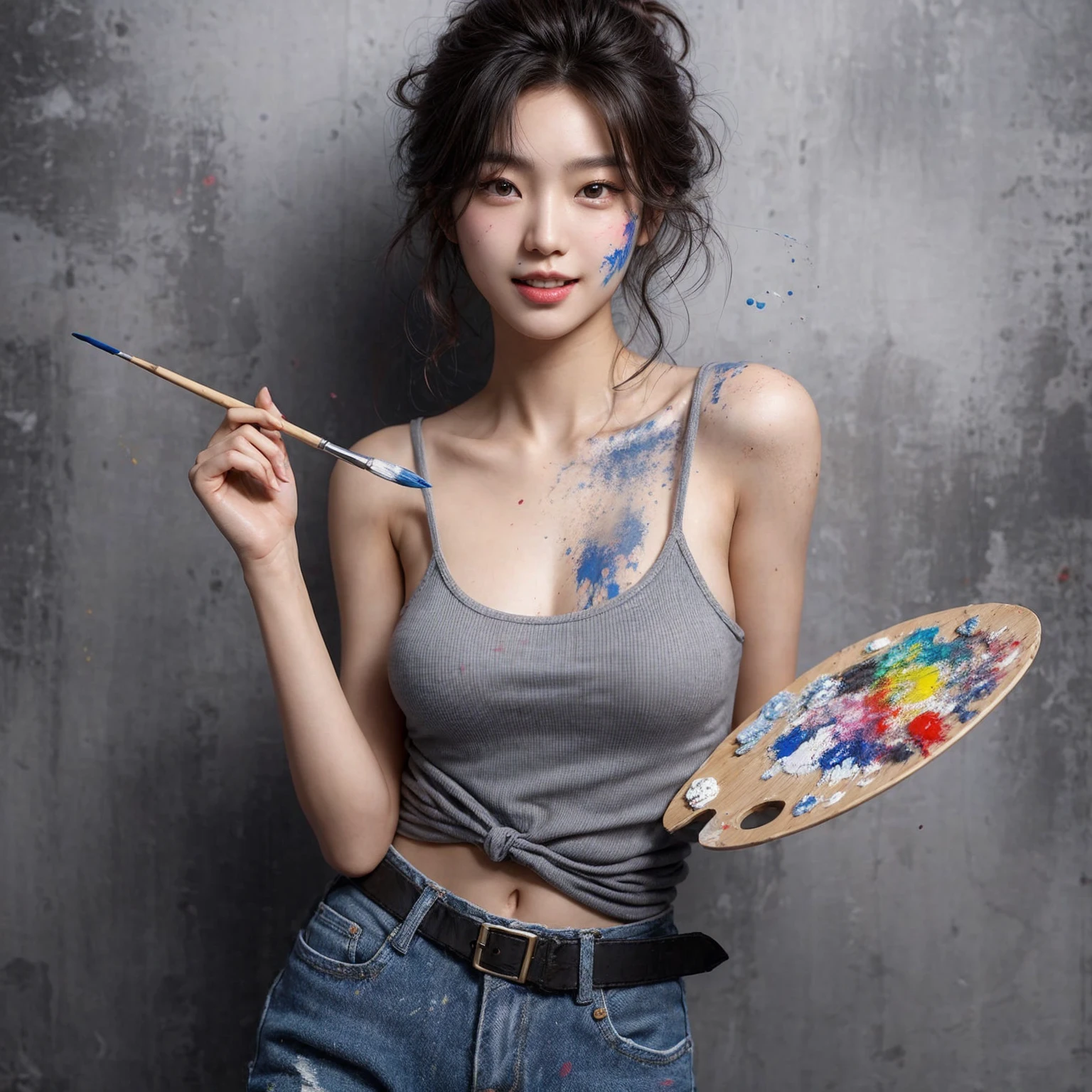 a high-resolution realistic image of a young korean woman in a playful and creative pose. She holds a palette of paint in one hand and a paintbrush in the other. she has paint splatters on her face, neck, and shoulders, giving a artistic vibe. wearing a gray tank top and denim pants. hairstyled in a loose, casual manner. The background is grafity, focusing attention on the subject. The overall atmosphere should be lighthearted and creative, capturing the joy