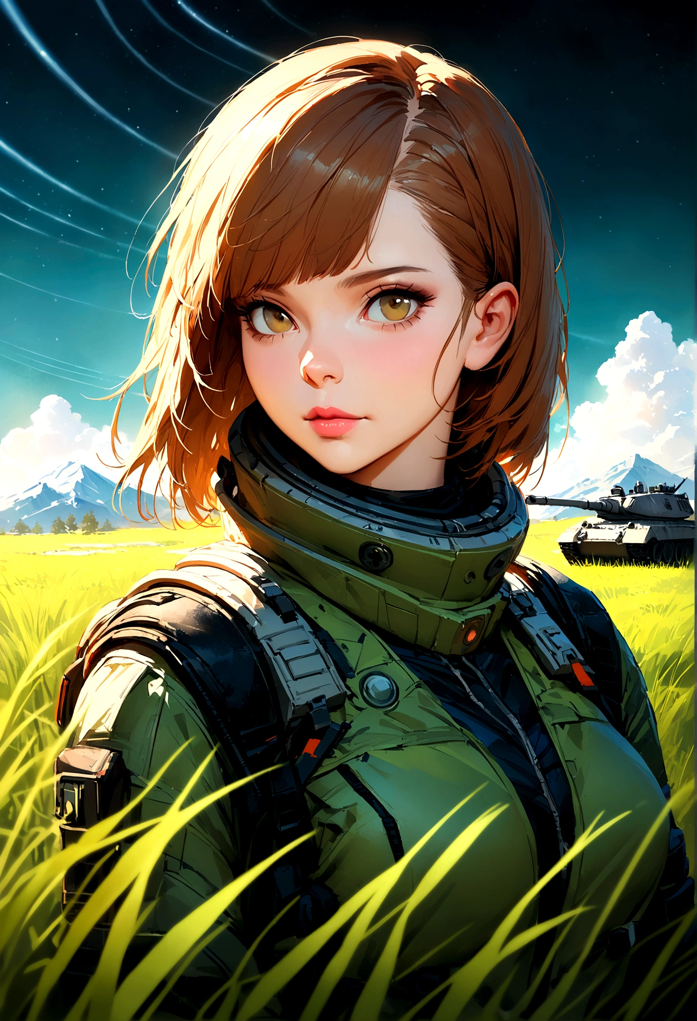 award winning (full body:0.8) (portrait photo:1.3) of a young female (sexy sci-fi astronaut:1.3, Kate Mara, lewd pose) with  a (army tank:1.4), (Stargate:1.4), looking out over a verdant alien planet, (mountains:1.2) (tall grass:1.4), rocks, fluffy clouds in the sky, trending on artstation, highly detailed, fine detail, intricate, (lens flare:0.6), (backlighting:0.8), (bloom:0.8), shallow depth of field