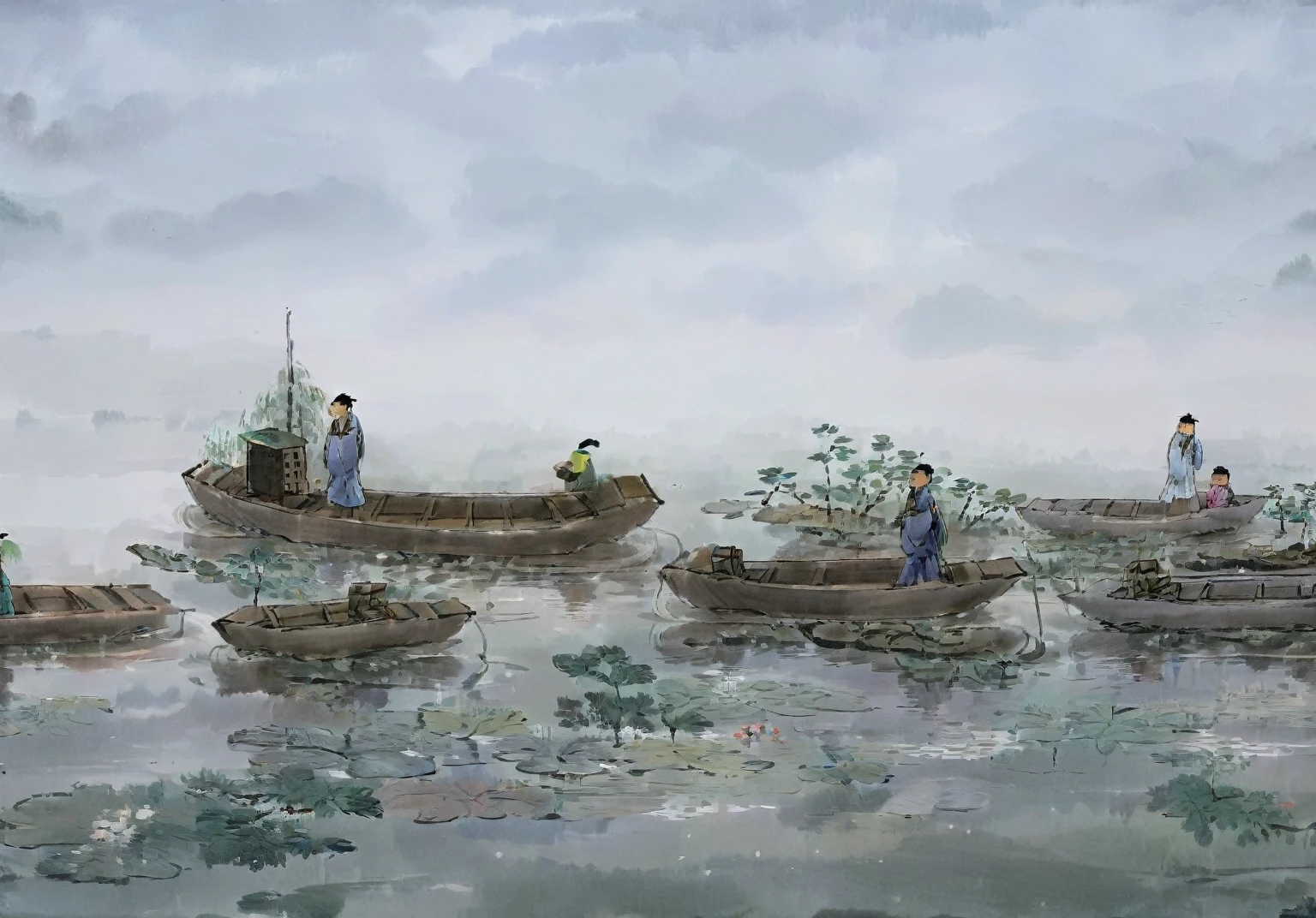 This is an ink painting.,There are two small boats on the water. The picture is simple.,Clarity,The brushstrokes are thick and thin,Famous Master Fan Zeng Style,Award-winning works