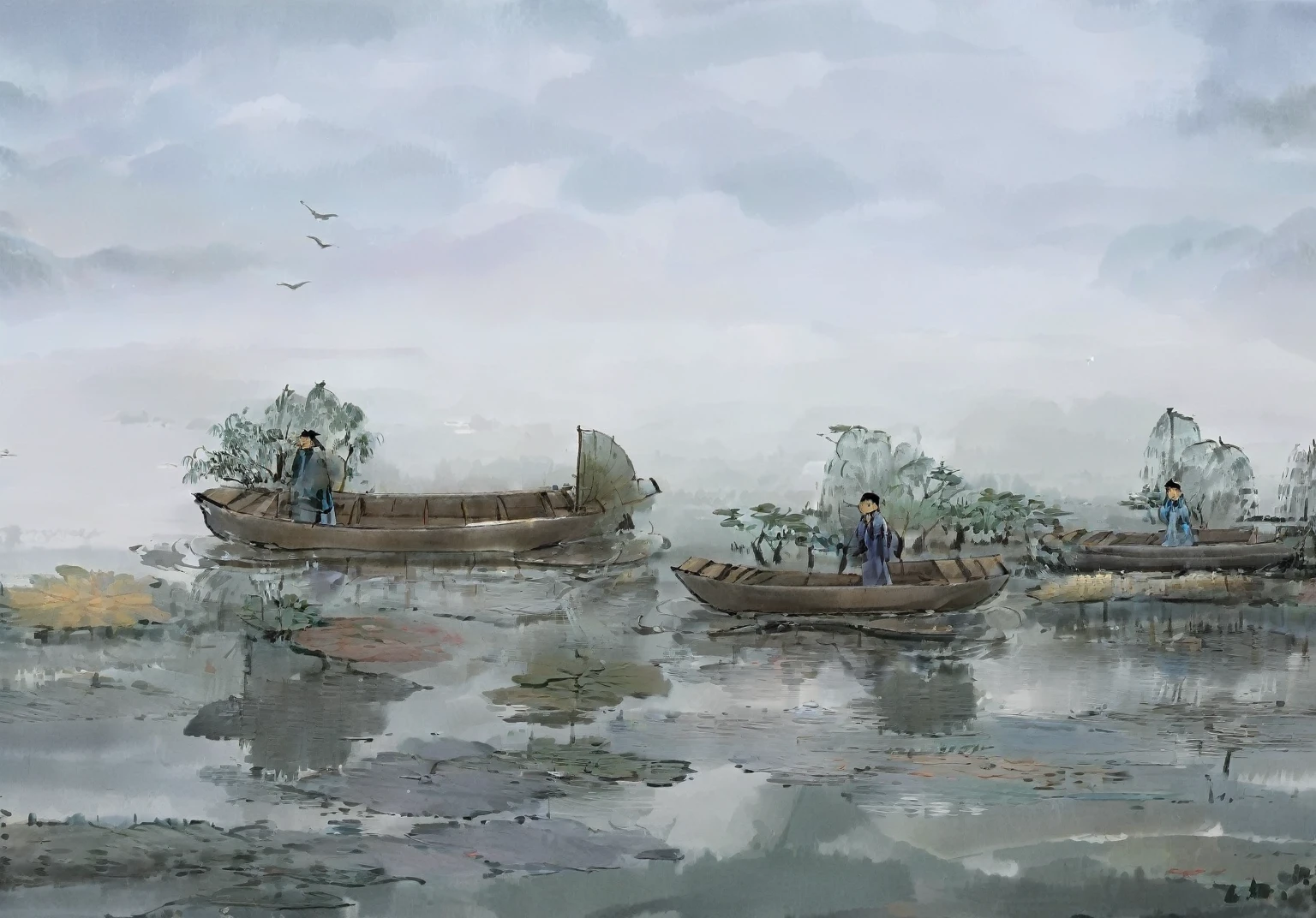 This is an ink painting.,There are two small boats on the water. The picture is simple.,Clarity,The brushstrokes are thick and thin,Famous Master Fan Zeng Style,Award-winning works