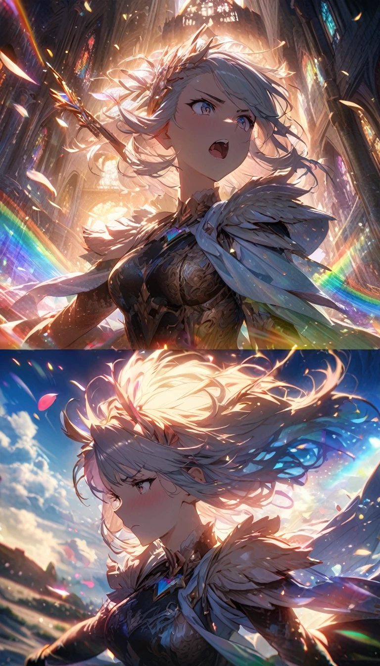 Highest quality, Super quality, 16K, Incredibly absurd, Very detailed, delicate and dynamic, Natural light, Fine particles reflect rainbow colors, Diffuse reflection of light, Vortex of Light, Many rainbow-colored petals fall, Beautiful Western Castle, Shining Sun, 湖面にDiffuse reflection of light, Create amazing image effects, Upper body close-up, (, cute sexy girl, bouncing busts, Sensual expression, passionate, Serious, Vibrant, the legend of zelda)