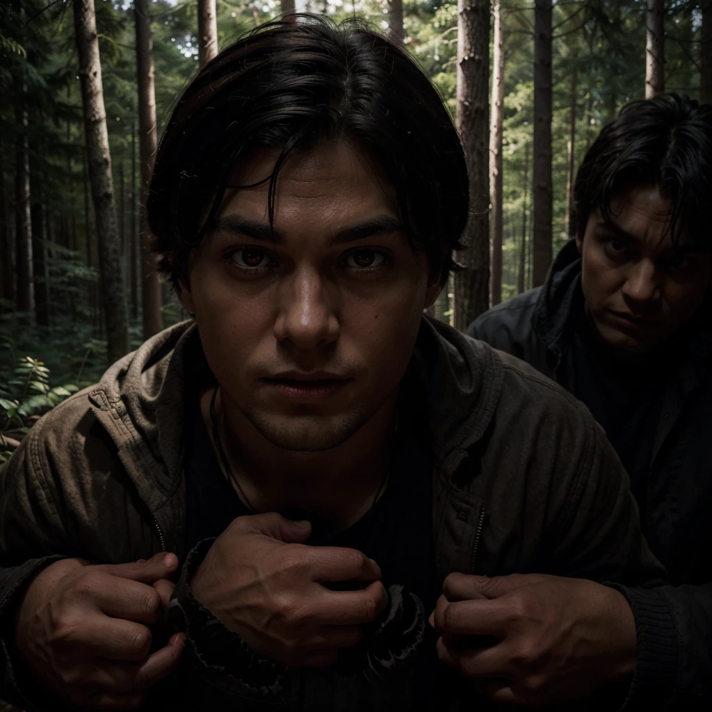 a very thick forest dark very very dark with a boy and behind the boy is a big creepy monster in the darkness only the claws which are pointing towards the boy as well as the eyes in bright red can be seen