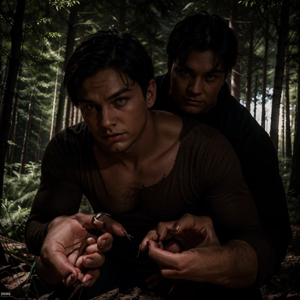 a very thick forest dark very very dark with a boy and behind the boy is a big creepy monster in the darkness only the claws which are pointing towards the boy as well as the eyes in bright red can be seen