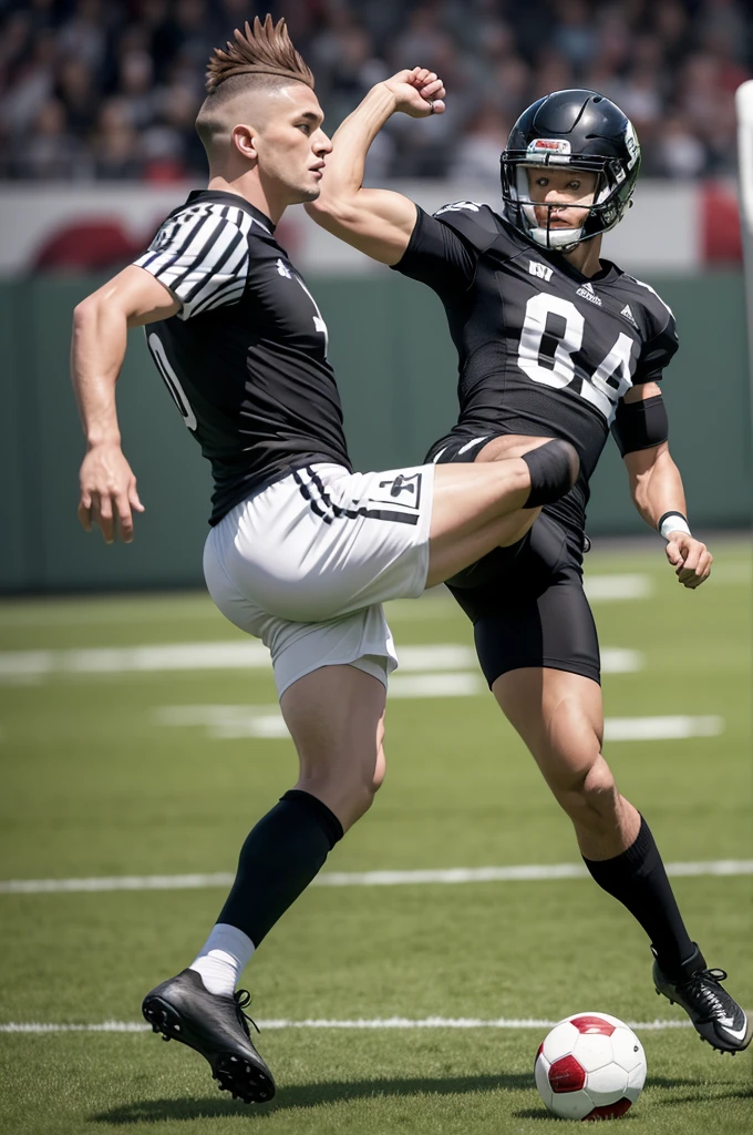 An image of a football player with a rooster face, uniform with shirt with black and white vertical stripes, shorts preto, white socks and black boots, kicking at a red fox.