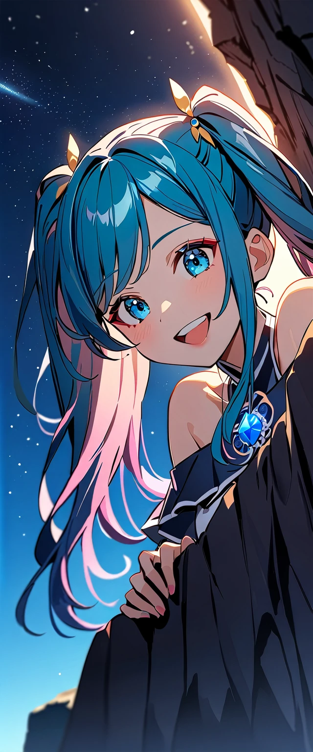Photo of a high school girl with natural skin, Upper Body, Looking at the camera, laughing, Black and blue gradient hair in twin tails, Sharp eyes with blue eyeshadow, A thin, upturned nose, Well-shaped lips, White off-the-shoulder dress, Makeup, Exquisitely crafted with the utmost attention to detail, Vibrant, amazing, Smooth, Cinematic, 4K, Backlight, Atop a cliff with a beautiful starry sky, Cliff, Shallow depth of field.