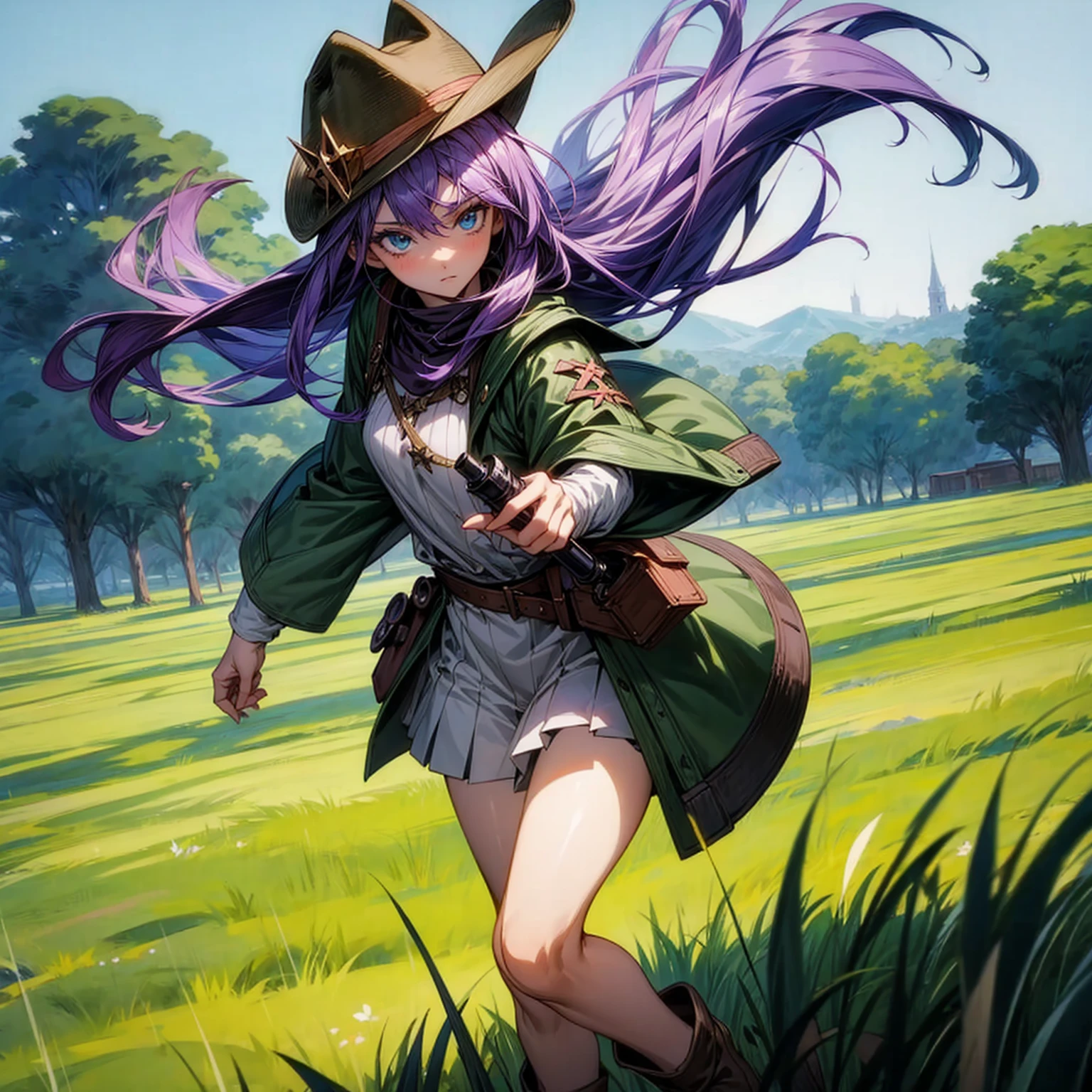 1girl, Full body version, 1character, adult version, blue eyes color, long haircut, purple colour hair, medieval style clothing, cowboy hat, revolver in hand, Grassroots, background in green field, motion blur, (Hunter x Hunter style)