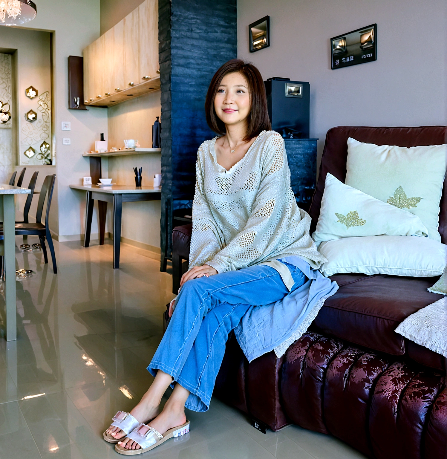 Beautiful Korean Woman , 32 inch chest size, Your eyes are big and pretty. Wearing a high-end luxury brand cardigan, Casual jeans, short medium hair, Smile. sit on the sofa , uhd
