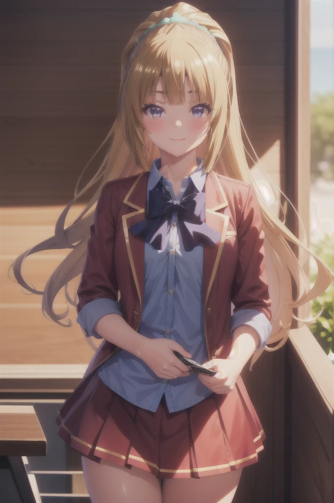 keikaruizawa, kei karuizawa, Long Hair, bangs, blunt bangs, (Purple eyes:1.1), Blonde, shirt, hair ornaments, ponytail, Scrunchie, blue Scrunchie, smile, break skirt, shirt, bow, , Jacket, (red Jacket:1.2), Pleated skirt, bowtie, sweater, (blue bow:1.2), (blue shirt:1.2), break indoors, classroom, classroomの椅子に座っている, break looking at viewer, (Cowboy Shot:1.5), break (masterpiece:1.2), Highest quality, High resolution, unity 8k wallpaper, (figure:0.8), (Beautiful attention to detail:1.6), Highly detailed face, Perfect lighting, Highly detailed CG, (Perfect hands, Perfect Anatomy), , (3D Face:1.1), (Shiny skin:1.5), (超High resolution intricate face details), (Facial skin pores:1.3), 超High resolution cloth texture, 大きなsmile、Blushing、Open your mouth, Showing off her perfect legs