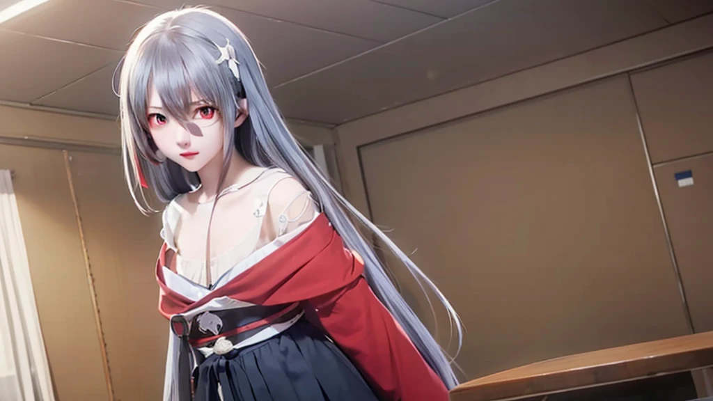 Tayama, Yamada Tae, missing hair, Hair between the eyes, Long hair, (Red Eyes:1.5), Side lock,
rest bandaged chest, 头上缠着bandage, bandage, black skirt, skirt, Off-shoulder,(Delicate face:2.0)
rest indoors, classroom,
rest looking at viewer, (Cowboy shooting:1.5),
rest (masterpiece:1.2), best quality, high resolution, Unity 8K wallpaper, (illustration:0.8), (Beautiful and delicate eyes:1.6), Extremely detailed face, Perfect lighting, Extremely detailed CG, (Perfect hands, Perfect anatomical structure),