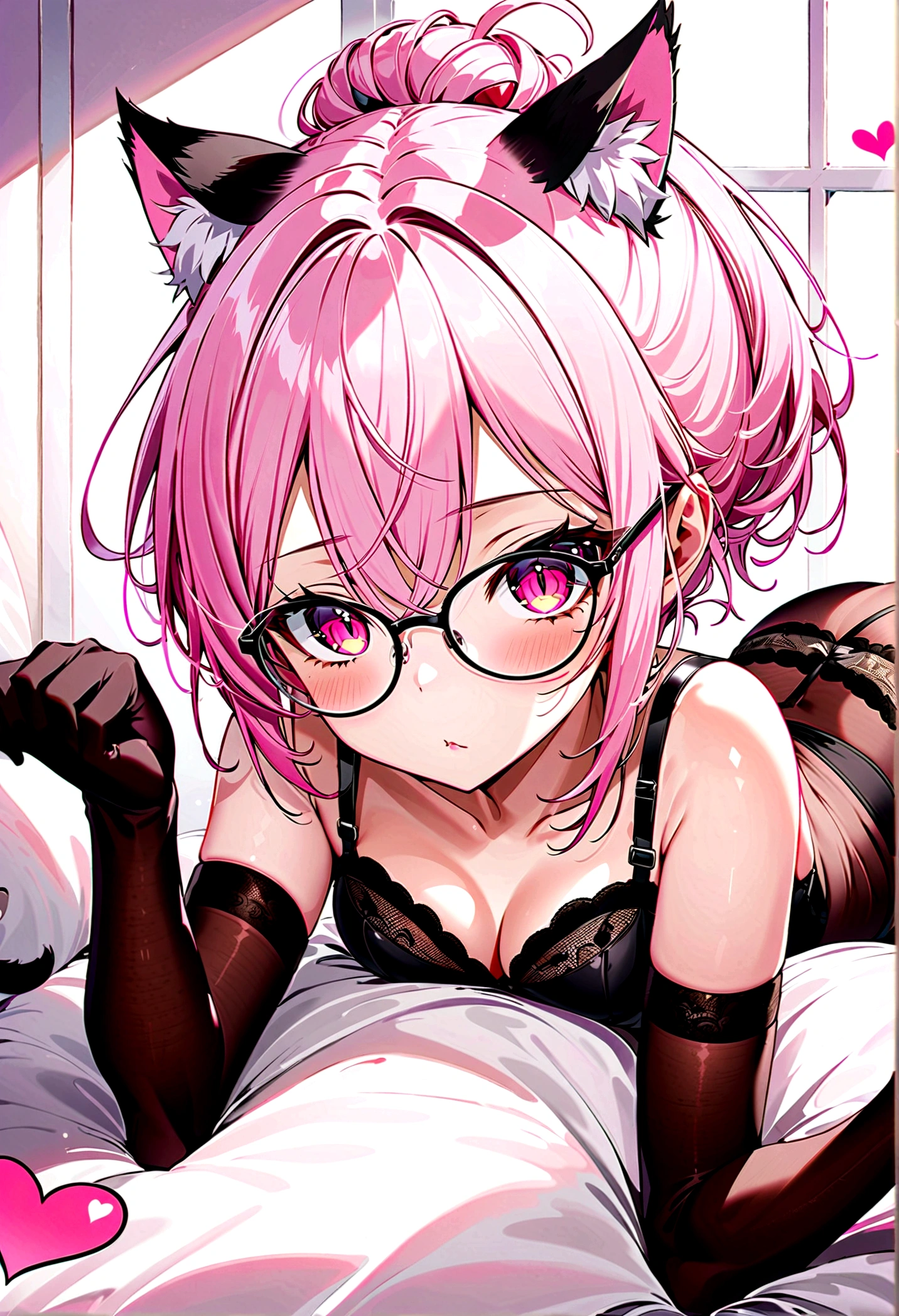 I have white pink hair, cat ears, a bun, my face is super blushing, black glasses, pink heart eyes, and if you could, in lingerie, black stockings, a cat's tail, a very shy girl, that you are lying on your bed how suspicious it is very small