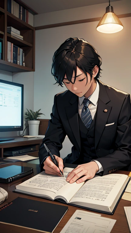 At home, thinking at night、living room、Notebook on desk、In a suit

