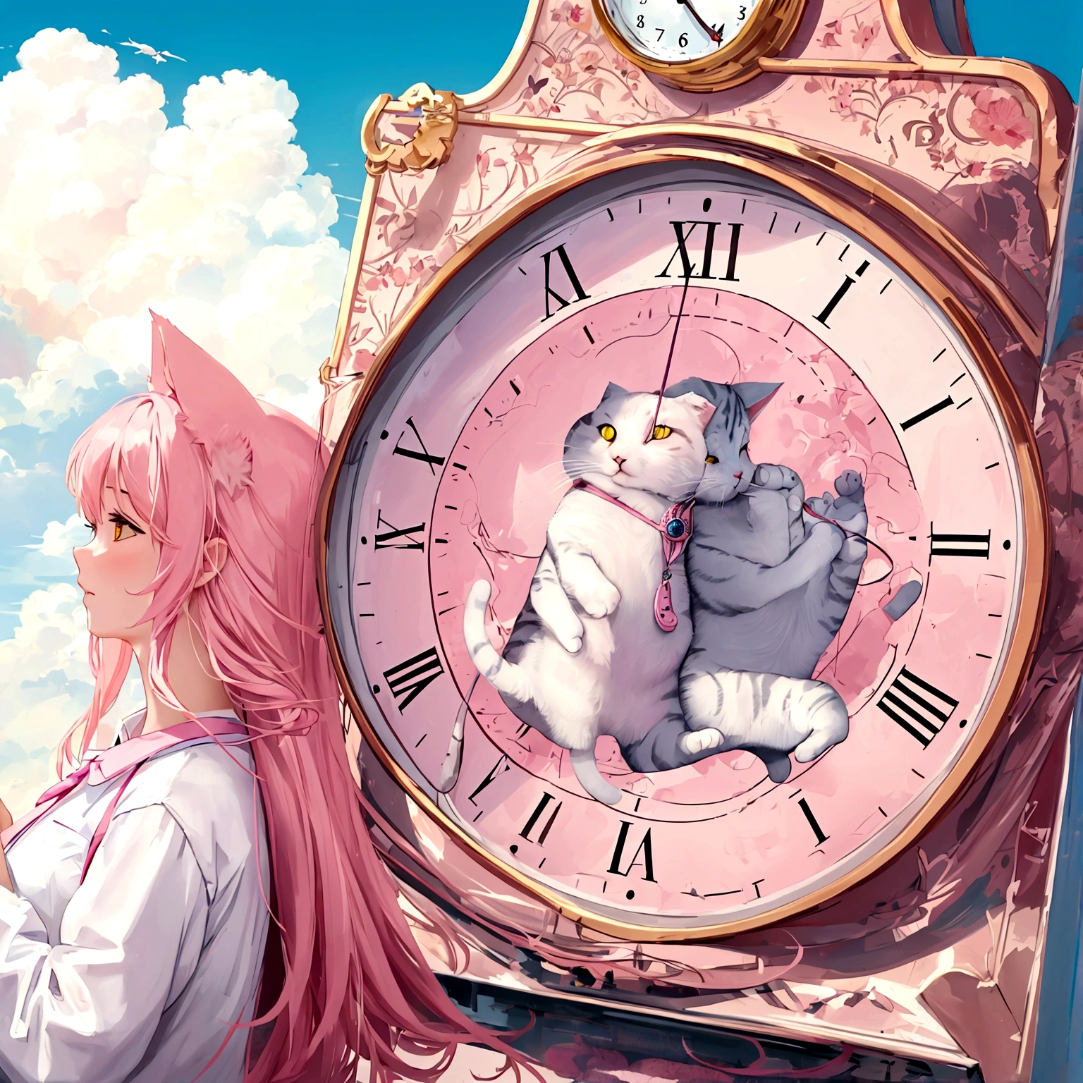 cat, clouds, clock, pink, dreamy 