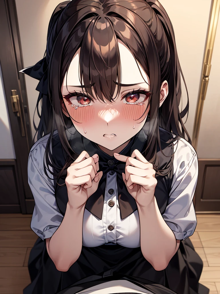 Close up on face、NSFW:1.3,The young wife is a former student council president、28-year-old female、naked:1.3,Blowjob:1.3,night:1.3,Sweat:1.3,Tears of despair:1.3. Blushed cheeks:1.3,humiliation:1.3,Missionary sex:1.3,Angry face:1.3.Teeth grinding:1.3,Glare、Long black hair ponytail,(Slit eyes、Brown eyes、tall、Big breasts)、