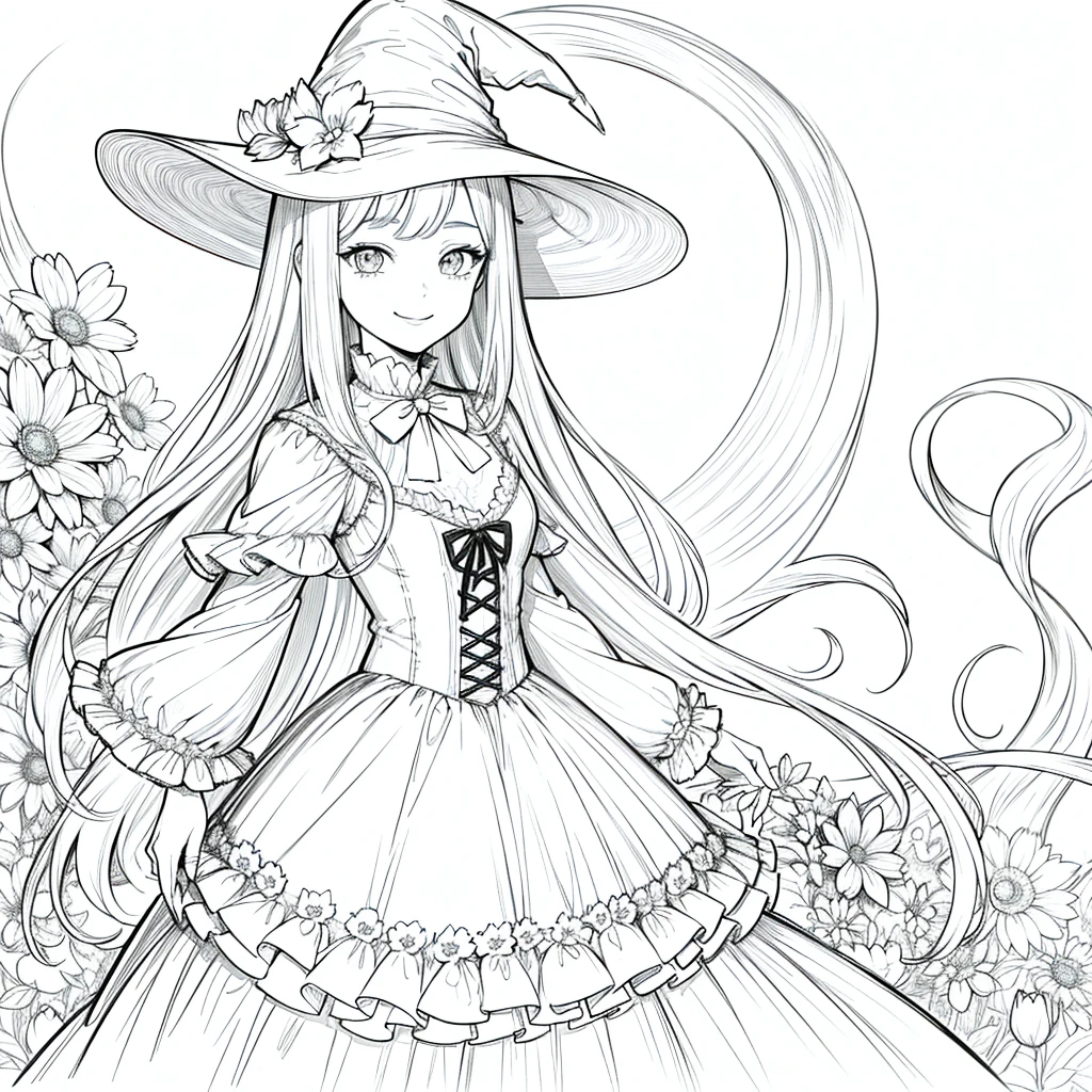 masterpiece, Top-class, Beautiful young witch, woman , only, Halloween Lindo , flower Line art background, White Background, Monochrome, Line art, ((sketch)), smile, Gato blanco con White eyes, White eyes