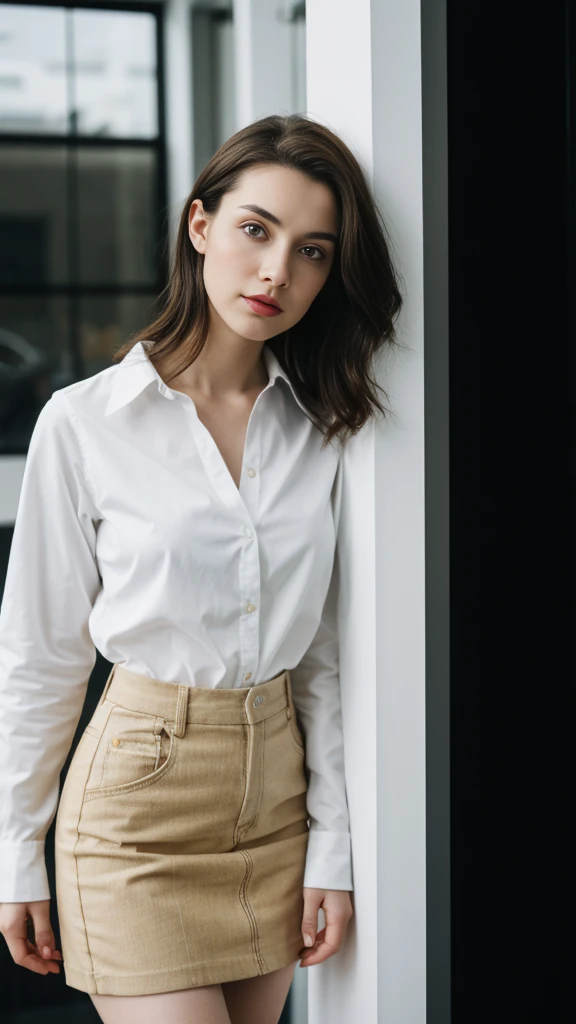 an European woman with beautiful Delicate eyes, Beautiful and delicate lips, Extremely detailed face and skin, Pale skin, 23 years old, Wearing a hip skirt, high heels, medium long shot, standing in the office, long legs, full body portrait. Beautiful photography，Long eyelashes, Good anatomy , Practical skin texture, Delicate eyes, professional, 4K, Wide-angle lens, Optical Depth of Field, Kodak Vnision Color, Perfectly proportioned body, Extremely detailed, ultra-photoPractical, Practical, Post-Processing, Maximum details, Roughness, real life, ultra -Practical, Photorealism, photography, 8K Ultra HD, photography