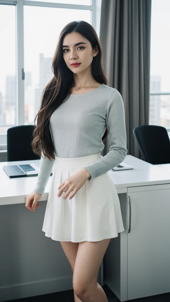 an European woman with beautiful Delicate eyes, Beautiful and delicate lips, Extremely detailed face and skin, Pale skin, 23 years old, Wearing a hip skirt, high heels, medium long shot, standing in the office, long legs, full body portrait. Beautiful photography,Long eyelashes, Good anatomy , Practical skin texture, Delicate eyes, professional, 4K, Wide-angle lens, Optical Depth of Field, Kodak Vnision Color, Perfectly proportioned body, Extremely detailed, ultra-photoPractical, Practical, Post-Processing, Maximum details, Roughness, real life, ultra -Practical, Photorealism, photography, 8K Ultra HD, photography
