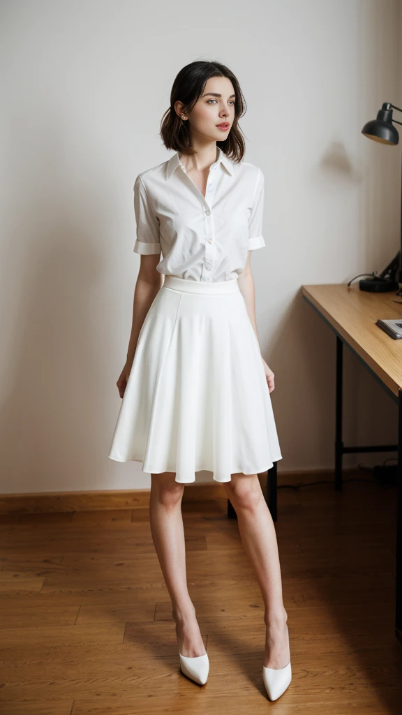 an European woman with beautiful Delicate eyes, Beautiful and delicate lips, Extremely detailed face and skin, Pale skin, 23 years old, Wearing a hip skirt, high heels, medium long shot, standing in the office, long legs, full body portrait. Beautiful photography,Long eyelashes, Good anatomy , Practical skin texture, Delicate eyes, professional, 4K, Wide-angle lens, Optical Depth of Field, Kodak Vnision Color, Perfectly proportioned body, Extremely detailed, ultra-photoPractical, Practical, Post-Processing, Maximum details, Roughness, real life, ultra -Practical, Photorealism, photography, 8K Ultra HD, photography