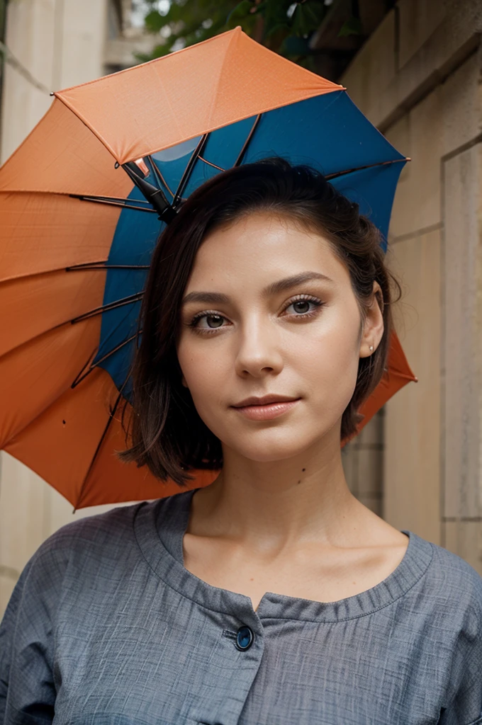 femme paraplui, visage flouté, couleur vive, rose, orange, bleu