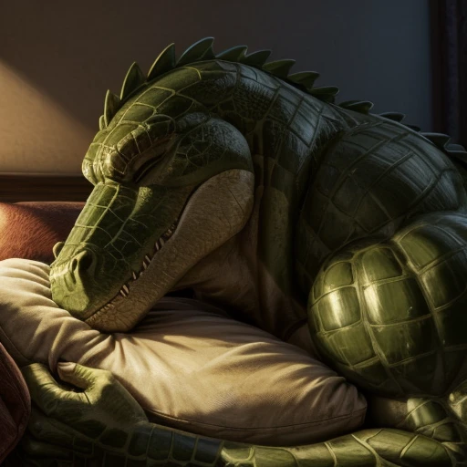 A muscle green male alligator, a muscle green male lizardmen , sleeping, detailed beauty face, very close face, head on pillow 