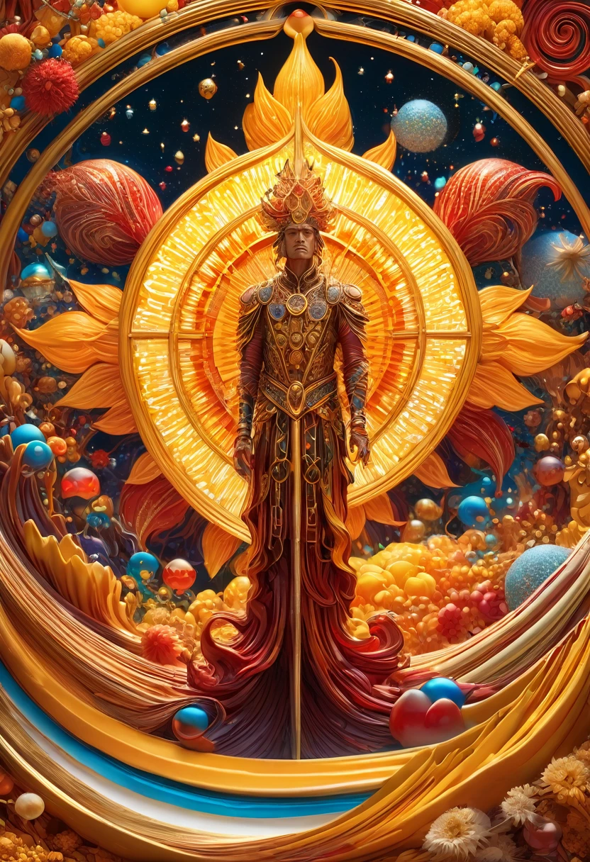 A male human figure who personifying the tarot of The Sun,  he is the wealthy one, the one who give richness to all the living beings, dressed in orange, gold yellow, rich amber and amber rayed red, collecting intelligence, The Lord of the Fire of the World, Sun,1÷10×√(50)×tan(78)+125^(2)÷√(8.888), fractal,organic matter, cellular colony, deep wiew,4k resolution,hyperdetailed, masterpiece, 3d modelling, abstract art, digital art

