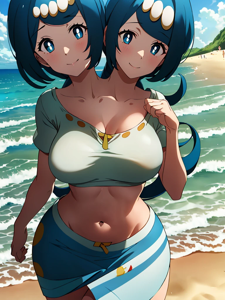 masterpiece, best quality, 1girl, (medium breasts:1.2), lanamother, white pupils, long hair, hair ornament, mature female, wide hips, shirt, short sleeves, blue and white skirt, happy, closed mouth, beach, (2heads:1.3)