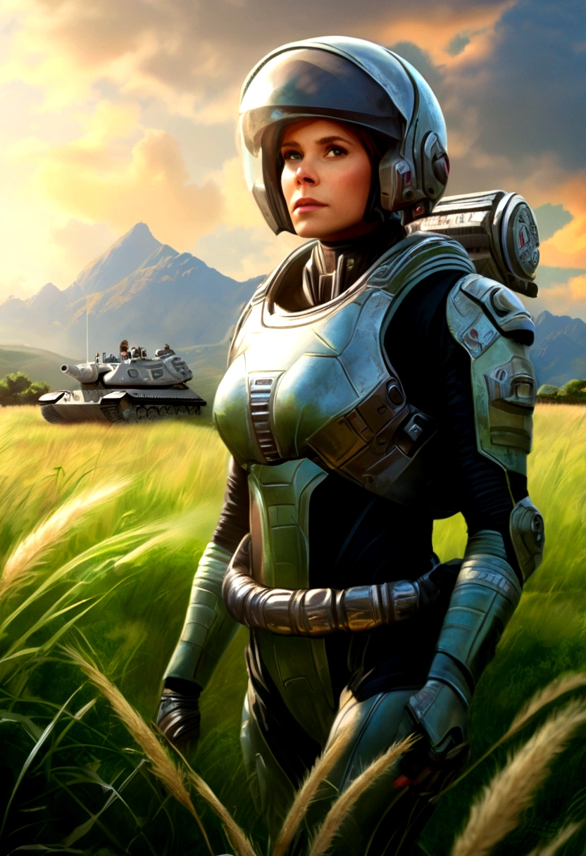 award winning (full body:0.8) (portrait photo:1.3) of a young female (sexy sci-fi astronaut:1.3, Kate Mara, lewd pose) with a (army tank:1.4), (Stargate:1.4), looking out over a verdant alien planet, (mountains:1.2) (tall grass:1.4), rocks, fluffy clouds in the sky, trending on artstation, highly detailed, fine detail, intricate, (lens flare:0.6), (backlighting:0.8), (bloom:0.8), shallow depth of field
