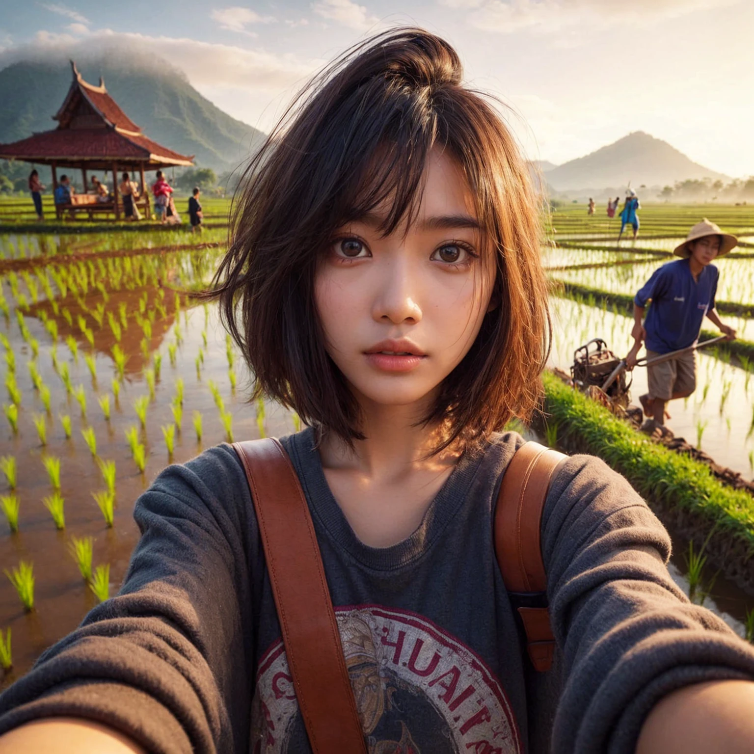realistic selfie photo. a young Indonesian girl aged 16 years, medium messy hair style, wear a long-sleeved t-shirt, carry a shoulder bag. In the background of rural rice fields, people can be seen plowing the fields, there is a gazebo where you can rest, scarecrows and one beautiful mountain, bright sky, Indonesian morning atmosphere. UHD. masterpiece