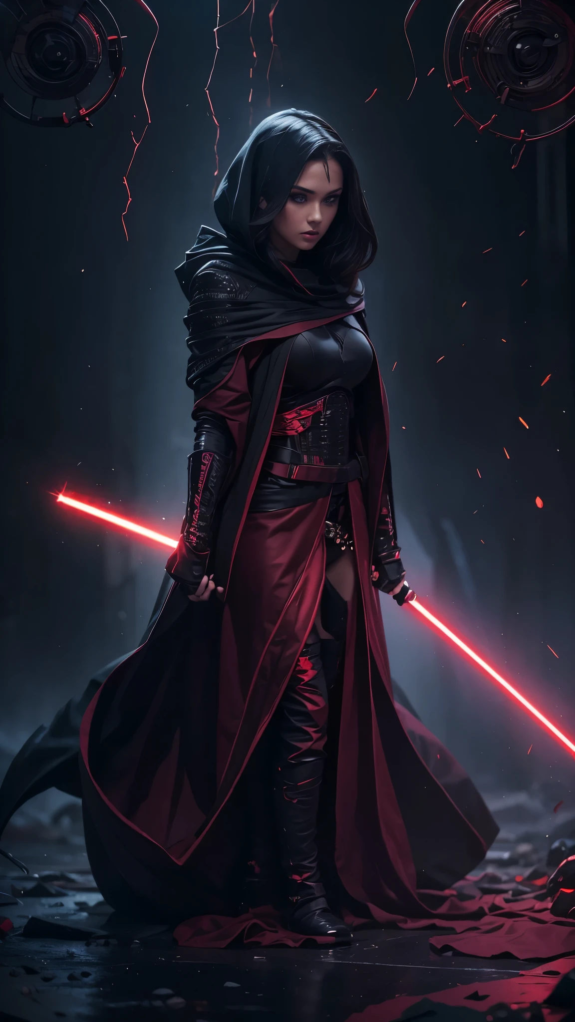2 beautiful detailed woman with long dark hair wearing a black hooded robe, dramatic lighting,glowing red lightsaber,(2 girls,masterpiece:1.2),ultra-detailed,photorealistic,sci-fi,dramatic cinematic lighting,moody atmosphere,dark fantasy,high contrast,muted color palette