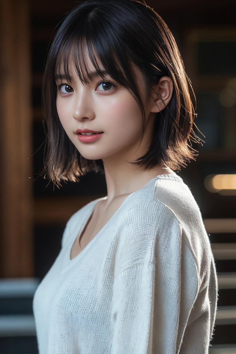 (8K, Raw photo, Highest quality, masterpiece:1.2), (Realistic, Photorealistic:1.37), Ultra-detailed, Ultra-high resolution, 1 girl, Seeing the viewer, Beautifully detailed face, Laughter, narrow, (Slim waist) :1.3), shortcut, Beautifully detailed skin, Skin texture, Dark hair, Short hair, Bob, Professional Lighting, (V-neck sweater), Human whole body
