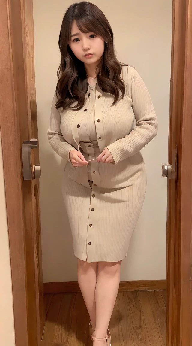 ((Highest quality、Highest quality、Raw quality)), Japanese ID, Mature Woman, ((A chubby, cute, round-faced woman around 40 years old)), Glasses, Wavy black hair with no bangs, Medium Long Hair, ponytail, Flashy makeup, Fuller lips, Gaze, uniform, ((dressing)), looking at the camera, Low angle shooting, Cute duck lips,((Very accurate and correct anatomy)), (masterpiece:1.3), Perfect proportions, Realistic photos, Full Shot, whole body, (height: 146cm), High heels