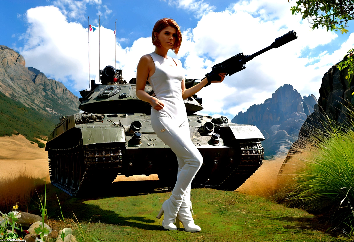 award winning (full body:0.8) (portrait photo:1.3) of a young female (sexy sci-fi astronaut:1.3, Kate Mara, lewd pose) with a (army tank:1.4), (Stargate:1.4), looking out over a verdant alien planet, (mountains:1.2) (tall grass:1.4), rocks, fluffy clouds in the sky, trending on artstation, highly detailed, fine detail, intricate, (lens flare:0.6), (backlighting:0.8), (bloom:0.8), shallow depth of field